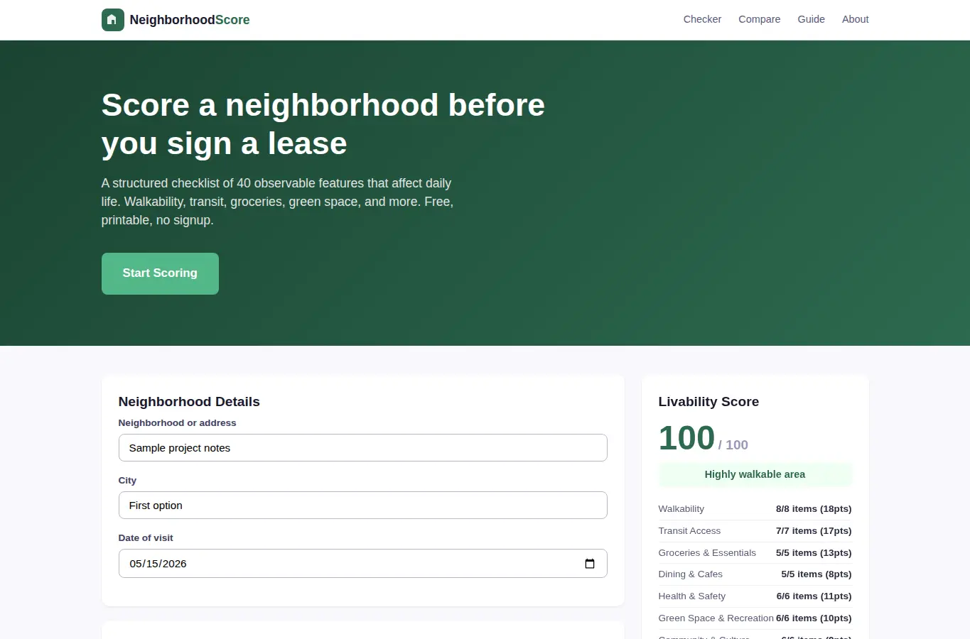 Screenshot of Neighborhood Amenity Value Checker interface showing the project page in use